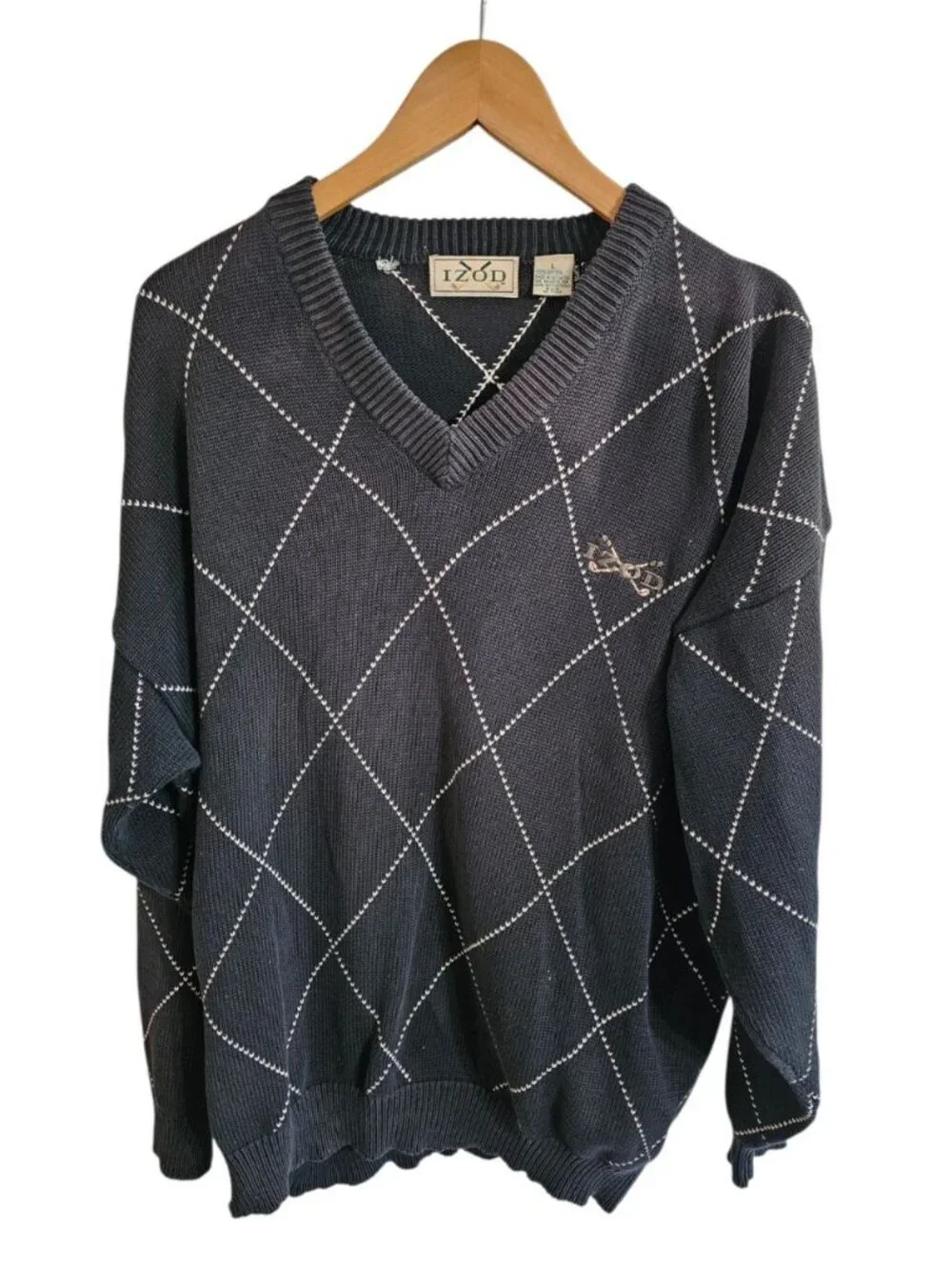 Izod Men L Sweater Navy Blue V-Neck Argyle Cotton Heritage Golf Preppy Essential